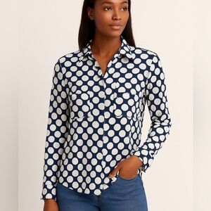 Express Navy and White Polka Dot Button Down Shirt